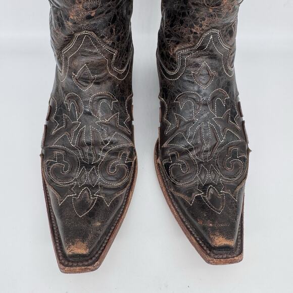 Pecos Bill Women Boot Size 8 Dark Mocha Inlay Distressed Leather Cowgirl Western - Picture 3 of 14